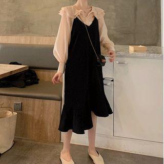Set: Plain Ruffled Blouse + Overall Dress
