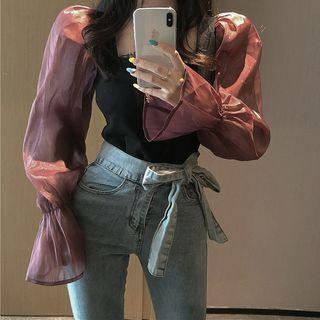 Long-sleeve Chiffon Panel T-shirt As Shown In Figure - One Size