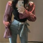 Long-sleeve Chiffon Panel T-shirt As Shown In Figure - One Size
