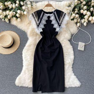 Lace Flower Trim Slit Sleeveless Dress