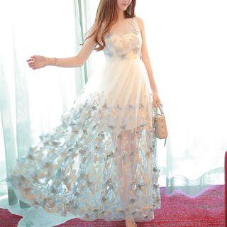 Floral Embroidered Sleeveless Tie-waist Slim Mesh Sheath Dress
