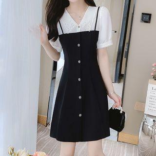 Short-sleeve Collared Mock Two Piece Mini A-line Dress
