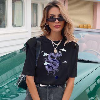 Short-sleeve Shoulder Padded Dragon Print T-shirt
