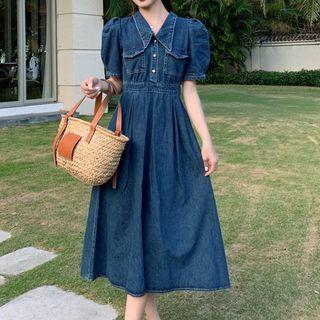 Puff-sleeve Collar Denim Midi A-line Dress