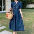 Puff-sleeve Collar Denim Midi A-line Dress