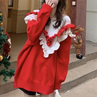 Ruffle Trim Sweater Red - One Size