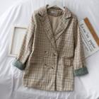 Double-breasted Loose-fit Checker Blazer Khaki - One Size