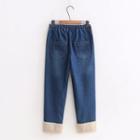 Faux Shearling Panel Cat Embroidered Straight Cut Jeans