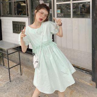 Short-sleeve Drawstring Plain Dress Light Green - One Size
