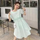 Short-sleeve Drawstring Plain Dress Light Green - One Size