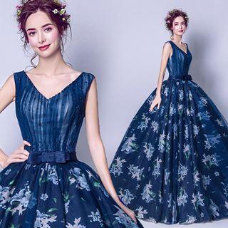Sleeveless Printed Ball Evening Gown