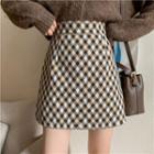 High Waist Check Woolen A-line Skirt