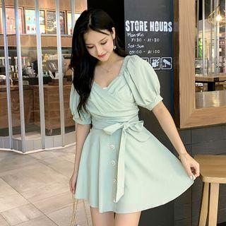 Set: Puff-sleeve Top + A-line Skirt Top - Light Green - One Size / Skirt - Light Green - One Size