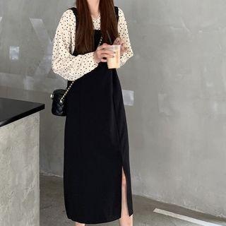 Polka Dot Blouse / Slit Pinafore Dress
