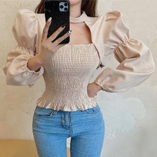 Puff-sleeve Cutout Smocked Blouse