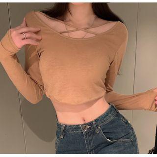 Long-sleeve Cropped T-shirt Coffee - One Size
