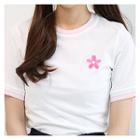Contrast-trim Cherry Blossom Embroidered T-shirt