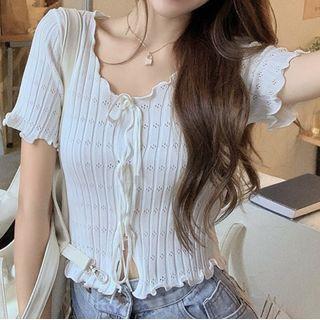 Short-sleeve Lettuce Edge Knit Crop Top White - One Size