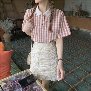 Gingham Polo Shirt / Shirred Ruffle Hem Mini Pencil Skirt