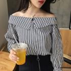Pinstripe Off-shoulder Collared Long-sleeve Top