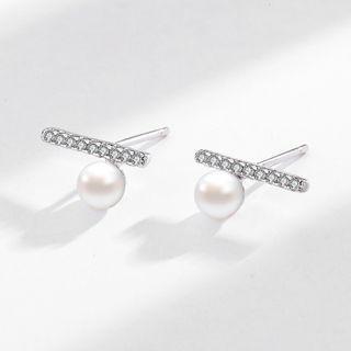 Rhinestone Bar Faux Pearl Sterling Silver Earring 1 Pair - White Faux Pearl - Silver - One Size