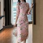 3/4-sleeve Floral Print Slit Midi Sheath Qipao Dress