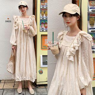 3/4-sleeve Ruffle Midi A-line Dress As Shown In Figure - One Size