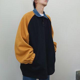 Color Block Denim Panel Polo Sweatshirt