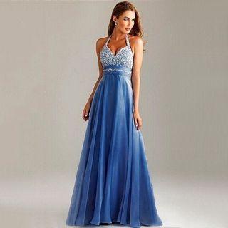 Tie-waist Panel Halter Cocktail Gown