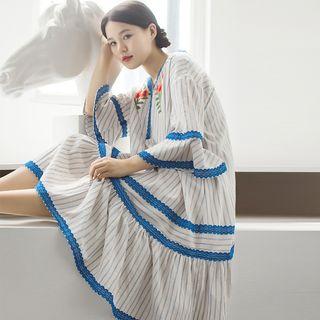 Floral Embroidered Striped Bell-sleeve A-line Midi Dress