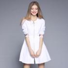 Flower Embroidered 3/4 Sleeve Zip Front Dress