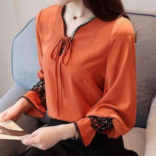 Long-sleeve Crochet Panel Blouse