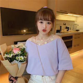 Floral Embroidered Mesh Panel Short-sleeve T-shirt