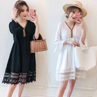 3/4-sleeve Lace Panel Midi Tunic Dress