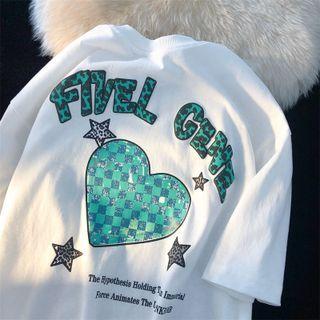 Lettering Checkerboard Heart Print T-shirt