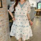 V-neck Dotted Wrap Mini Dress Blue - One Size