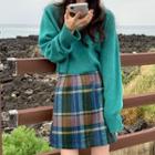 Plain Knit Top / Plaid Mini Skirt