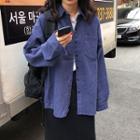 Plain Single-breasted Corduroy Long-sleeve Jacket / Plain High-waist Knit Skirt