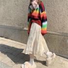Striped Sweater / Frill Trim Midi A-line Skirt