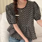 Puff-sleeve Flower Embroidered Blouse Black - One Size