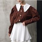 Embroidered Collar Striped Buttoned Jacket