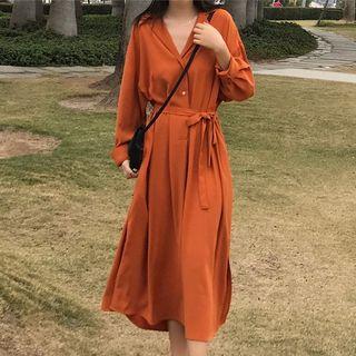 Notch-lapel Midi Chiffon Shirt Dress