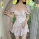 Puff-sleeve Floral Print Mini A-line Dress Pink - One Size