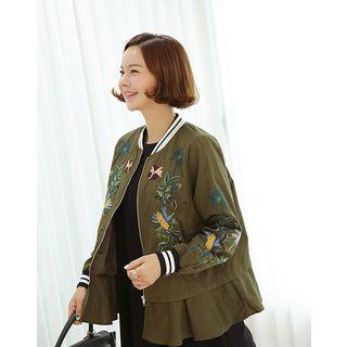 Embroidery Ruffle-hem Zip-up Jacket