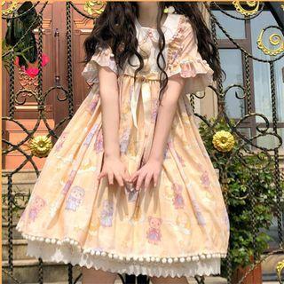 Short-sleeve Cartoon Print Smock Dress / Hair Tie / Set