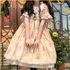 Short-sleeve Cartoon Print Smock Dress / Hair Tie / Set