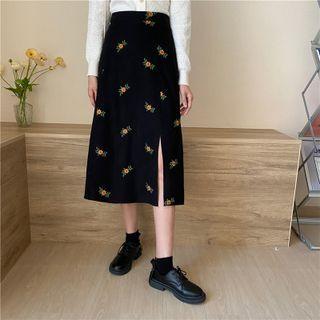 Floral Embroidered Slit Midi A-line Skirt
