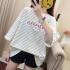 3/4-sleeve Striped Letter T-shirt