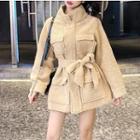 Fleece Tie-waist Snap Button Jacket