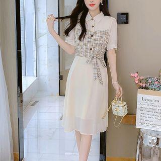 Short-sleeve Plaid Panel A-line Shirt Dress